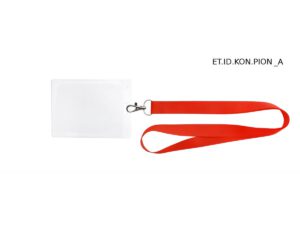 Porta badge in PVC KONGRES con lanyard rosso, soluzione resistente e trasparente per eventi e conferenze, disponibile da AMGS Group.