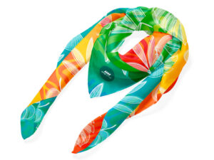 Foulard personalizzato con stampa sublimata multicolore, elegante accessorio promozionale firmato AMGS Group.
