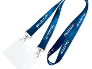 Lanyard in poliestere con doppio gancio e portabadge trasparente, design blu con stampa sublimata, perfetto per eventi aziendali, disponibile presso AMGS Group.