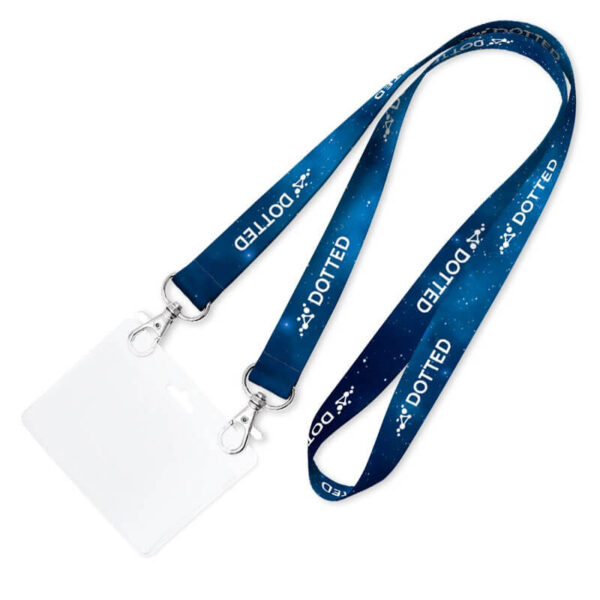 Lanyard in poliestere con doppio gancio e portabadge trasparente, design blu con stampa sublimata, perfetto per eventi aziendali, disponibile presso AMGS Group.