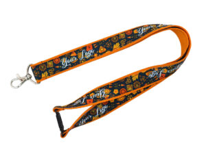 Un cordino cucito con cinturino a strappo di AMGS Group. Stampa a sublimazione con tema autunnale. Comfort e qualità.