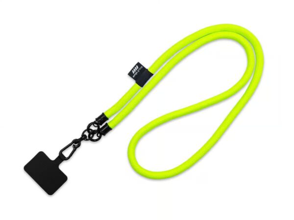 Cordino tubolare neon, lungo e da indossare intorno al collo, con adattatore per telefono: un gadget promozionale di AMGS Group.