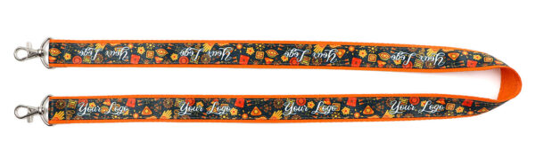 Lanyard arancione a doppio strato con due moschettoni e stampa sublimata vivace, ideale per badge con doppio foro. Disponibile nella gamma AMGS Group.