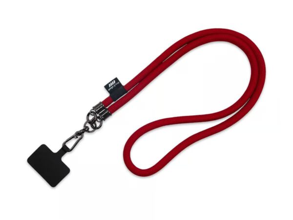 Cordino tubolare rosso, lungo 60 cm, con adattatore per telefono e possibilità di serigrafia. Disponibile presso AMGS Group.