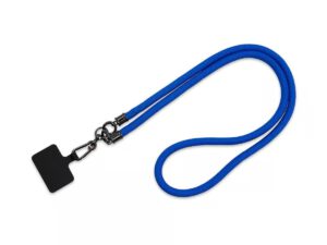Lanyard tubolare personalizzato lungo di colore blu con accessorio per badge. Disponibile ora da AMGS Group.