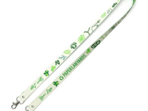Lanyard ecologico con due moschettoni per maggiore stabilità e supporto, realizzato in carta lavabile con stampa floreale. Progettato per ambienti professionali. Offerto da AMGS.