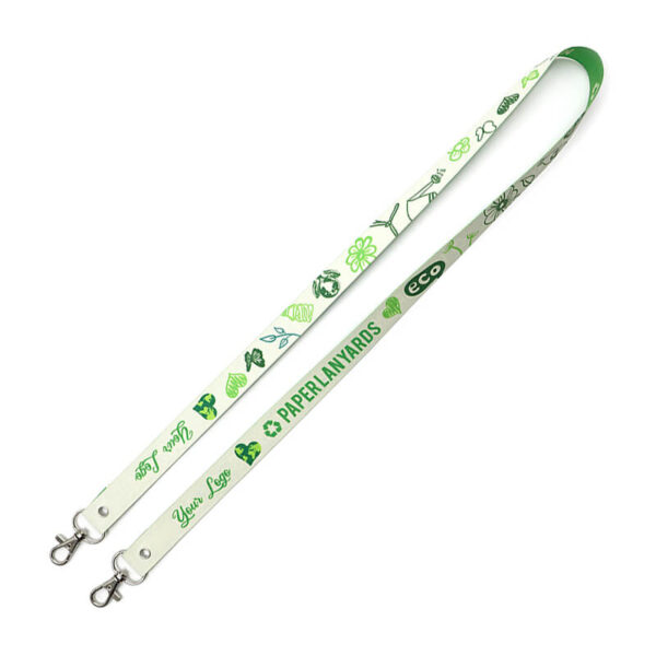 Lanyard ecologico con due moschettoni per maggiore stabilità e supporto, realizzato in carta lavabile con stampa floreale. Progettato per ambienti professionali. Offerto da AMGS.