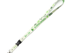 Accessorio ecologico con grafica green e logo personalizzabile “Your Logo”, dotato di fibbia centrale per sganciare facilmente badge o chiavi. Perfetto per eventi e uffici.