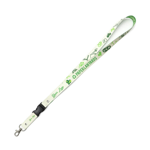 Accessorio ecologico con grafica green e logo personalizzabile “Your Logo”, dotato di fibbia centrale per sganciare facilmente badge o chiavi. Perfetto per eventi e uffici.
