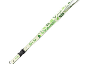 Lanyard certificato Oeko-Tex con doppia funzione: sgancio rapido per badge e protezione contro trazione. Design floreale, materiali eco. Ideale per aziende sostenibili.