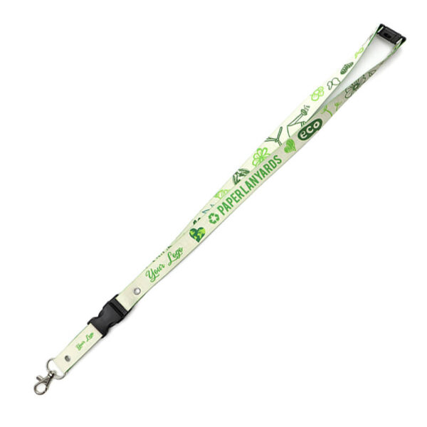 Lanyard certificato Oeko-Tex con doppia funzione: sgancio rapido per badge e protezione contro trazione. Design floreale, materiali eco. Ideale per aziende sostenibili.