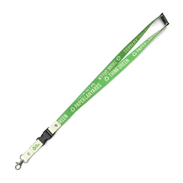 Accessorio promozionale con doppia sicurezza: sgancio di emergenza superiore e fibbia a rilascio rapido. Lanyard resistente e green per branding responsabile. Offerto da AMGS.