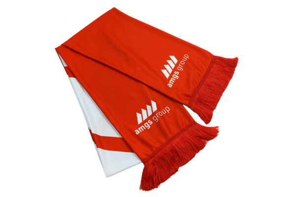 Sciarpa da tifoso double-face rosso-bianca con logo AMGS Group e frange lunghe.