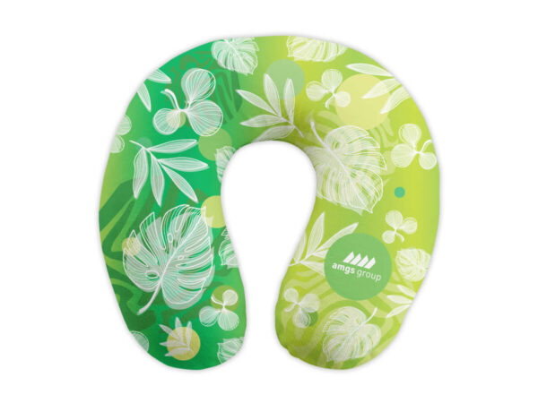 Cuscino da collo ergonomico personalizzato con logo, perfetto per viaggi in aereo, treno o auto, promozionale per aziende e agenzie di viaggio.