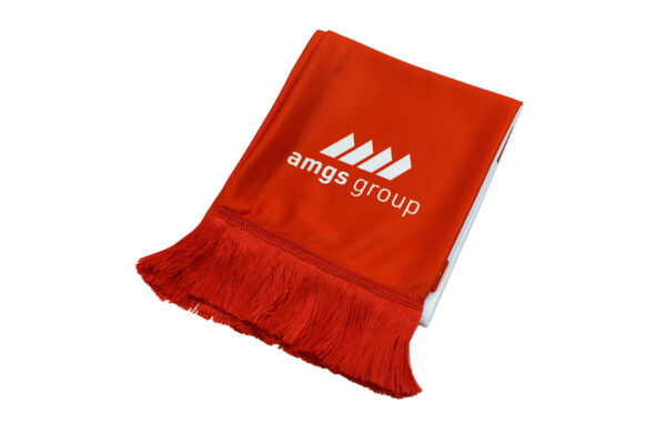 Sciarpa da tifoso double-face rosso-bianca con logo AMGS Group e frange lunghe.