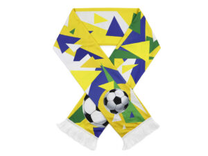 Sciarpa sportiva stile Brasile con grafica geometrica e motivo del pallone da calcio, rifinita con frange bianche.