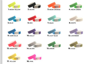 Cartella colori per braccialetti Tyvek 19mm. Panoramica delle 18 tonalità disponibili. Produttore AMGS Group.