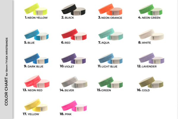 Cartella colori per braccialetti Tyvek 19mm. Panoramica delle 18 tonalità disponibili. Produttore AMGS Group.