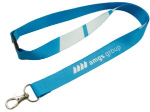 rPET lanyard with safety breakaway and blue print. From AMGS Group.