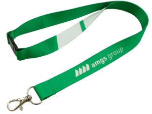 Eco-friendly rPET lanyard featuring a secure safety breakaway and vibrant green print. Available at AMGS Group.