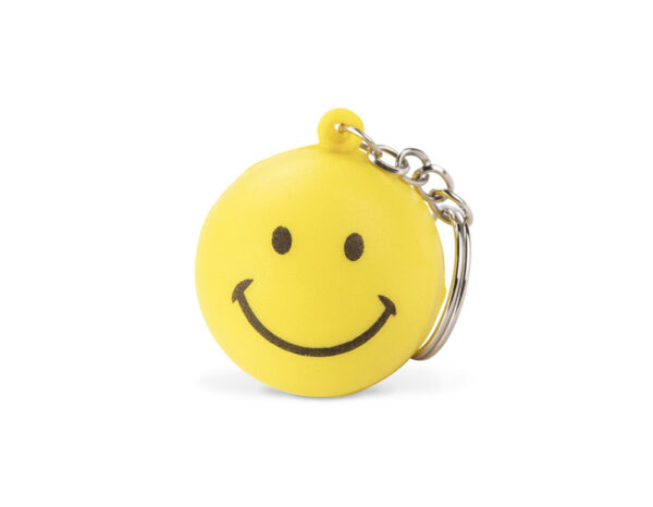 Portachiavi antistress SMILE giallo a forma di emoji – gadget aziendale personalizzabile con logo.