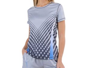 T-shirt sportiva da donna sublimata grigia con grafica geometrica, tessuto tecnico traspirante, AMGS Group.