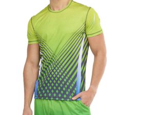 Maglietta sportiva sublimata personalizzabile per eventi e palestre, design tecnico ad asciugatura rapida firmato AMGS Group.