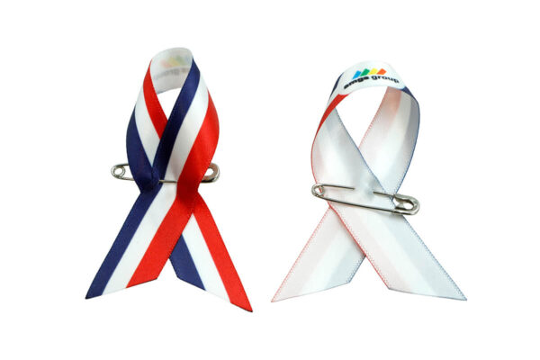 Set di fiocchi in raso Awareness tricolore e bianco-rosso, stampa su un lato, produttore AMGS Group.
