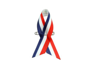 Fiocco in raso tricolore Awareness nei colori rosso, bianco e blu, stampa su un lato, produttore AMGS Group.