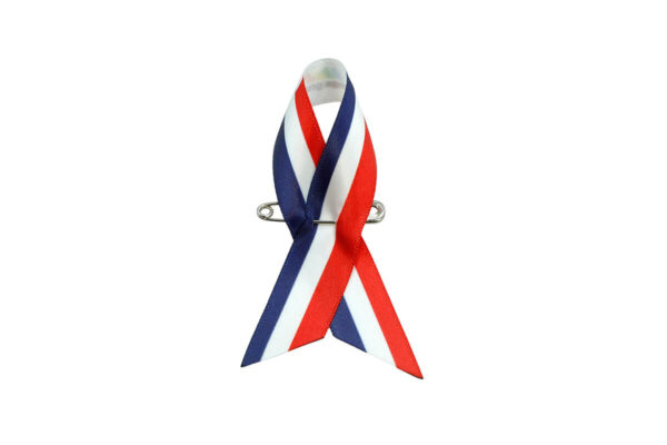 Fiocco in raso tricolore Awareness nei colori rosso, bianco e blu, stampa su un lato, produttore AMGS Group.