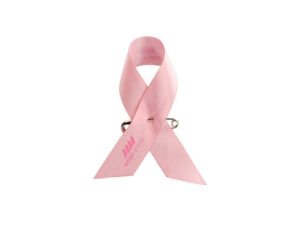Fiocco in raso rosa Awareness con logo stampato, doppio lato, produttore AMGS Group.