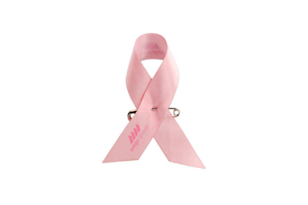 Fiocco in raso rosa Awareness con logo stampato, doppio lato, produttore AMGS Group.