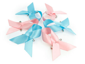 Set di fiocchi in raso blu e rosa Awareness con spille da balia, produttore AMGS Group.