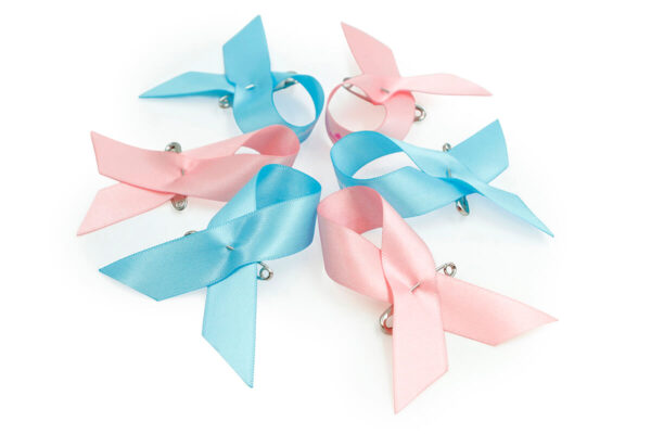 Set di fiocchi in raso blu e rosa Awareness con spille da balia, produttore AMGS Group.
