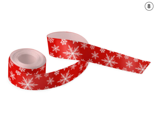 Nastro in raso a sublimazione totale rosso, motivo a fiocco di neve bianco (Design 8). Ideale per confezionare regali aziendali eleganti. Produttore AMGS Group.