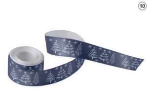 Nastro in raso blu marino con elegante motivo bianco di alberi e stelle (Design 10). Branding classico per omaggi aziendali. Produttore AMGS Group.