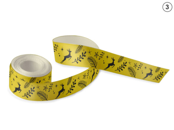 Nastro in raso giallo senape con stampa nera: renne, rami e stelle (Design 3). Modello unico per pacchetti business eleganti. Produttore AMGS Group.