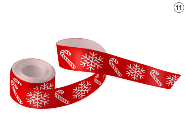 Nastro a sublimazione rosso con motivo di bastoncini di zucchero e fiocchi di neve (Design 11). Perfetto per pacchetti regalo per clienti e dipendenti. Produttore AMGS Group.